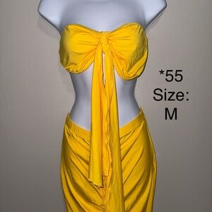 Yellow Tie-Front Bandeau Top and Skirt Set